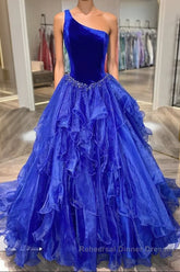 Royal Blue Semi Formal Prom Dresses A Line One Shoulder Long Party Evening Dresses with Beading